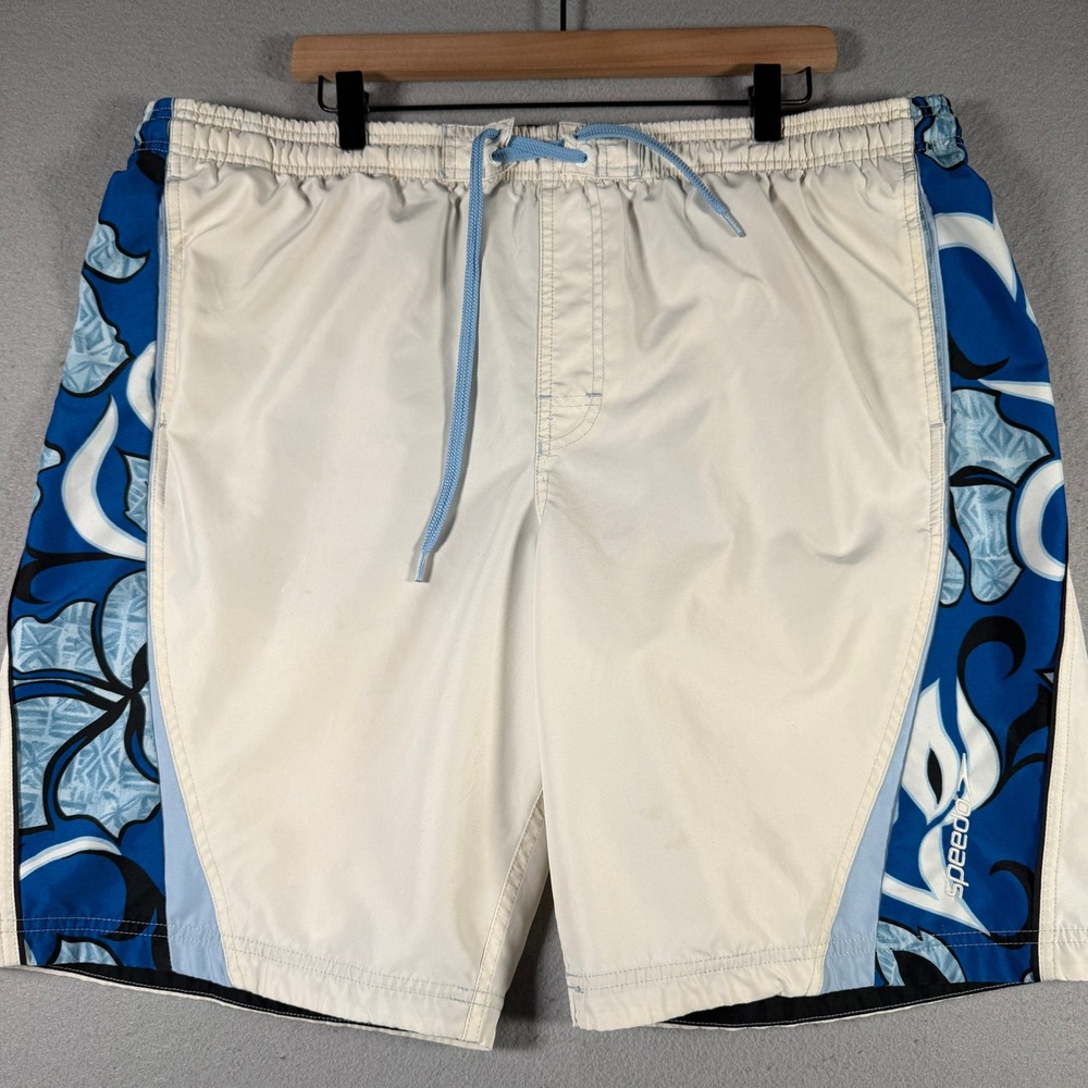Speedo Men Blue White Hibiscus Floral Board Shorts Swim Trunks XL 41W 9In Inseam